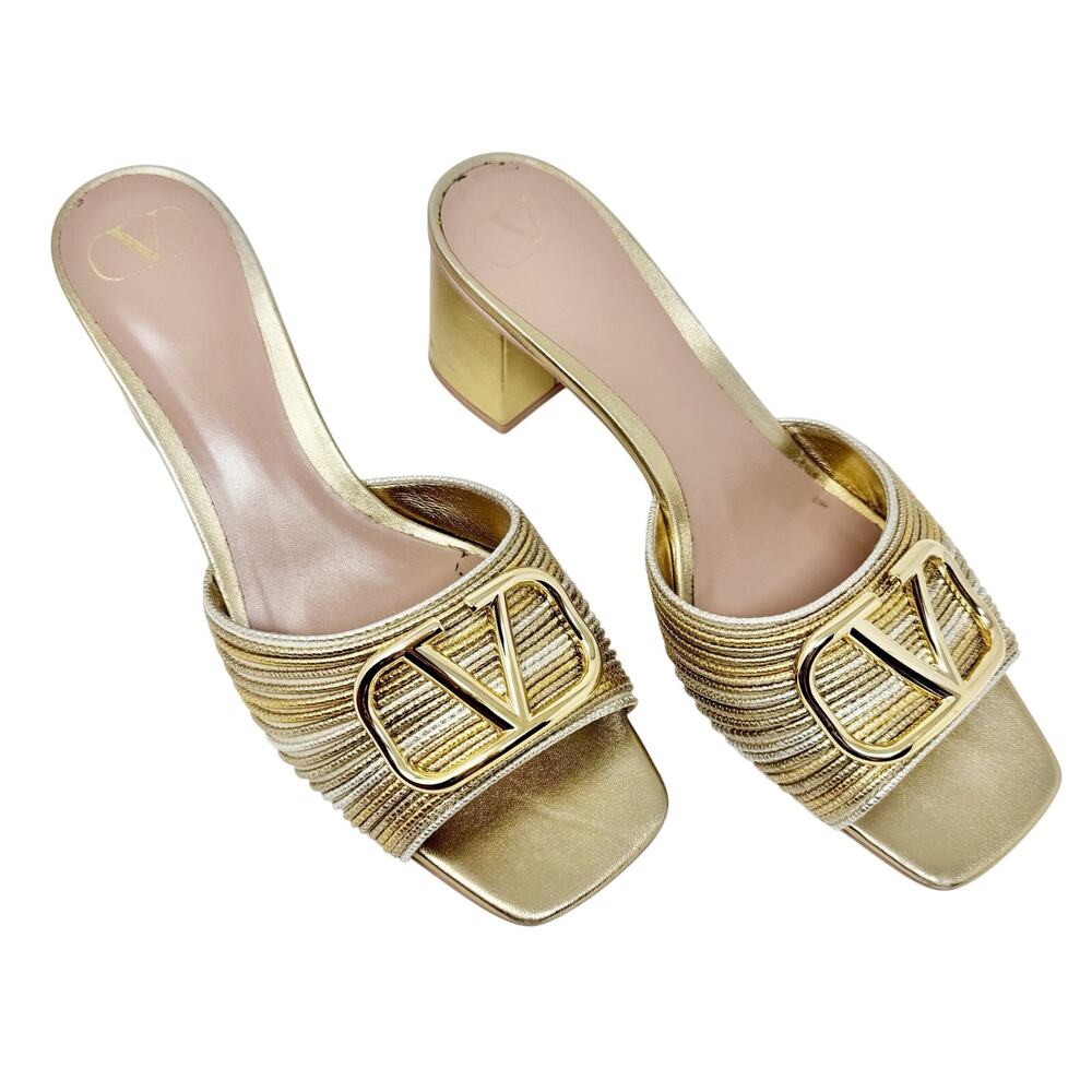 Valentino Garavani VLogo Signature Mules Size 41 Gold Metallic Block Heel Slides